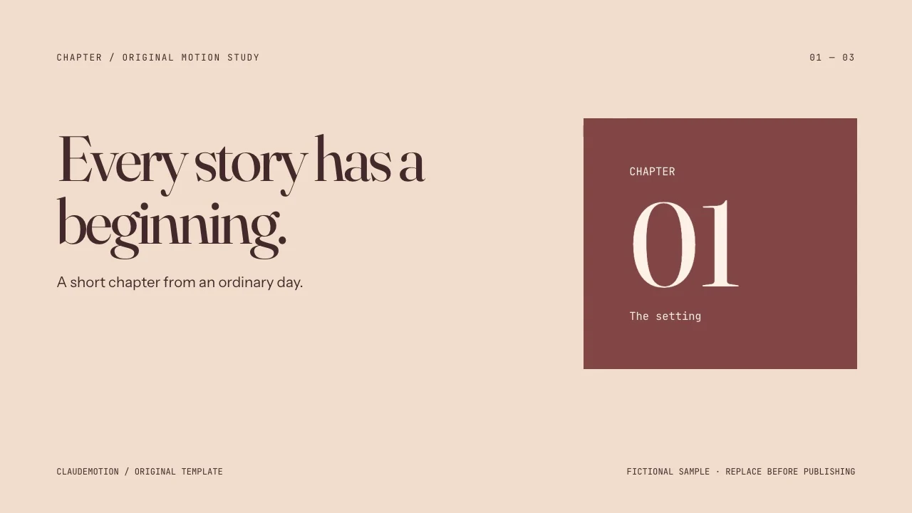 Chapter: Una composición de revista en melocotón, tipografía serif y marcadores de capítulo. Para abrir historias y lecciones.