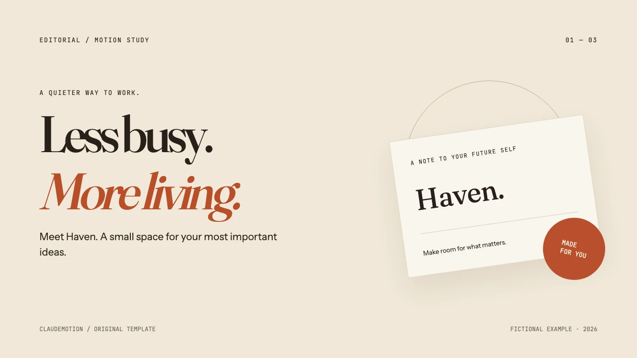 Editorial: Print-inspired paper, clay accents and generous serif headlines. A calm product story.